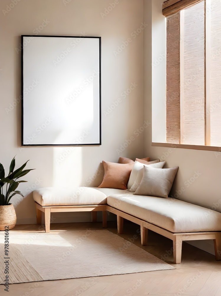 Naklejka premium Mockup frame in minimalist Japandi living room interior background, mockup frame design, frame mockup