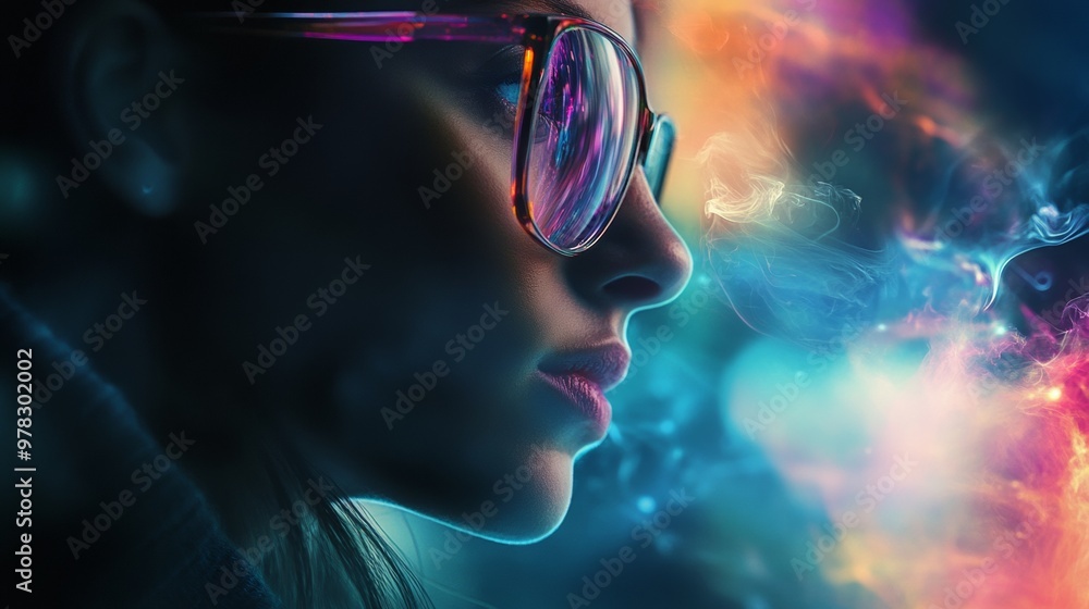 Woman wearing futuristic glasses in colorful neon lights Woman wearing futuristic glasses in colorful neon lights