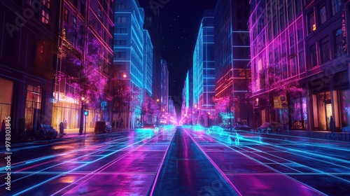 Futuristic Neon Cityscape at Night with Vibrant Lights and Modern Architecture