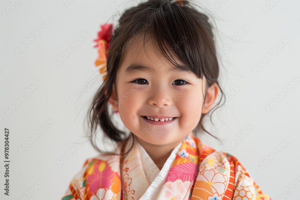 A cute Japanese girl wearing a high-contrast colorful kimono and a random hairstyle poses against a white background. A cute Japanese girl wearing a high-contrast colorful kimono and a random hairstyle poses against a white background.