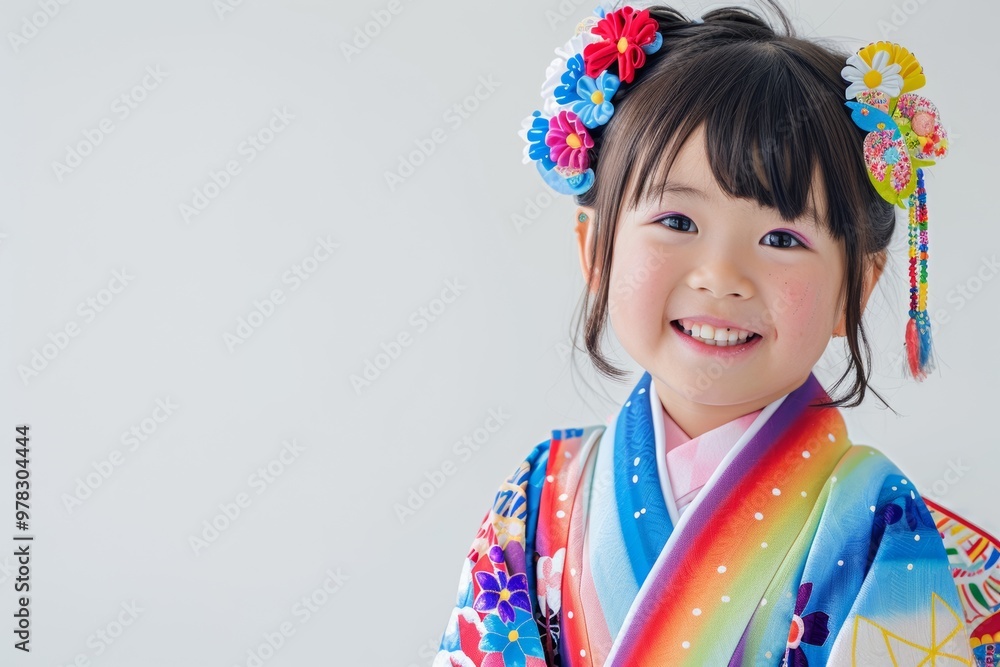 A cute Japanese girl wearing a high-contrast colorful kimono and a random hairstyle poses against a white background. A cute Japanese girl wearing a high-contrast colorful kimono and a random hairstyle poses against a white background.