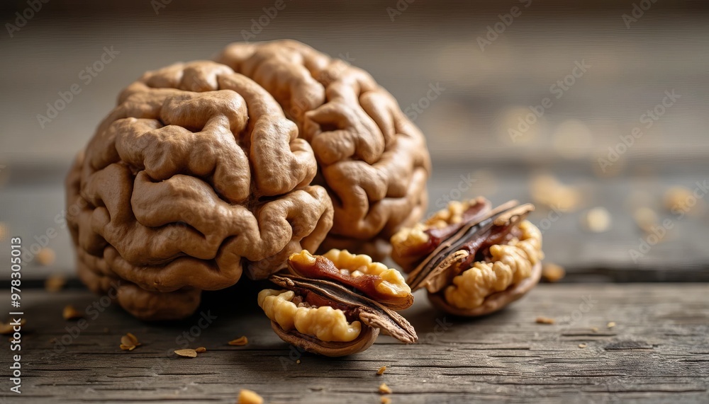 Walnuts Shaped Like a Brain on Rustic Wooden Table: Nature's Brain Food Walnuts Shaped Like a Brain on Rustic Wooden Table: Nature's Brain Food