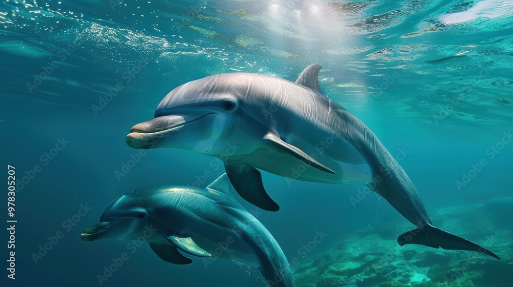 Obraz premium Dolphins swimming gracefully underwater, their sleek bodies gliding through the clear blue ocean. The sunlight filtering through the water enhances the beauty of this aquatic scene.