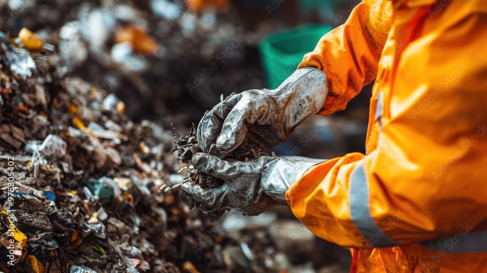 Worker using heavy-duty gloves to handle and compact waste before disposal Worker using heavy-duty gloves to handle and compact waste before disposal