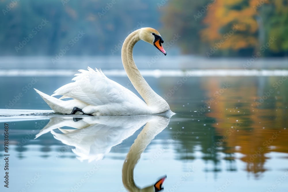 Fototapeta premium swan glides gracefully across a calm lake, reflecting its elegance in the still waters. The tranquil scene, with hints of autumn foliage, captures the serene beauty of nature.