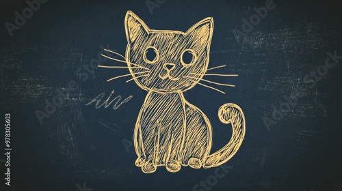 Cute Chalk Drawing of a Cat on Blackboard Background - Hand-Drawn Feline Illustration