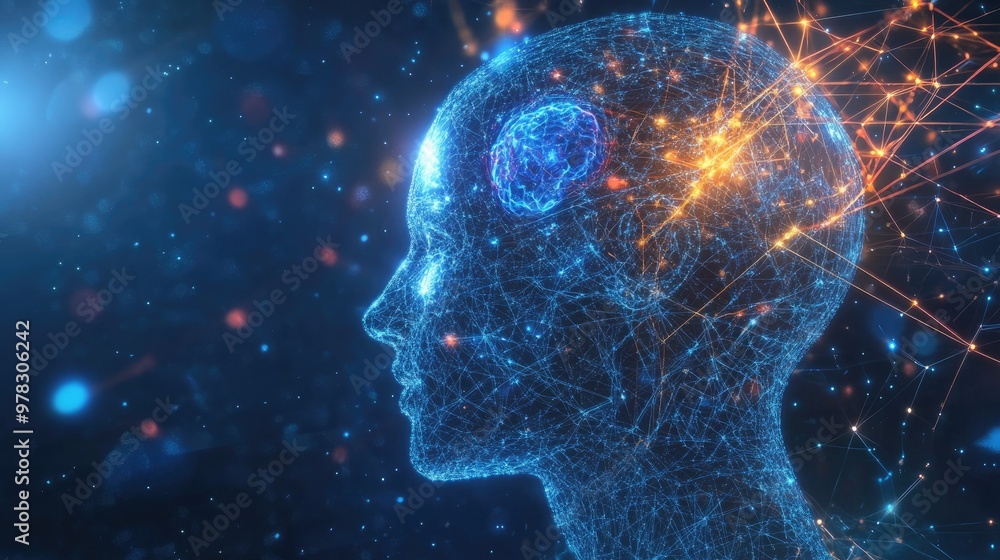 Futuristic Digital Human Brain with Neural Network Connections and Glowing Nodes in a Virtual Reality Environment Futuristic Digital Human Brain with Neural Network Connections and Glowing Nodes in a Virtual Reality Environment