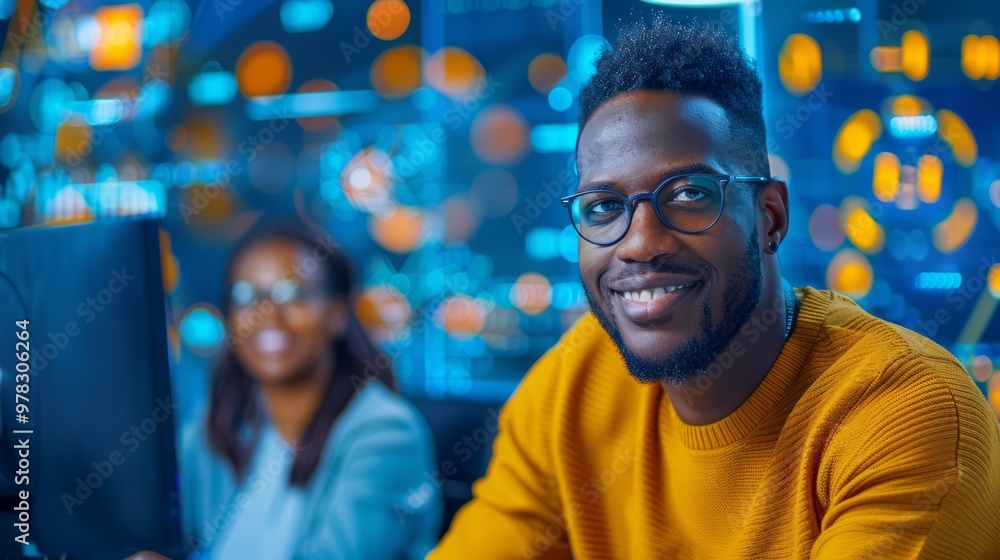 Black businessman in a high-tech office, working on a digital project with a diverse team, using advanced technology and discussing strategies for success Black businessman in a high-tech office, working on a digital project with a diverse team, using advanced technology and discussing strategies for success