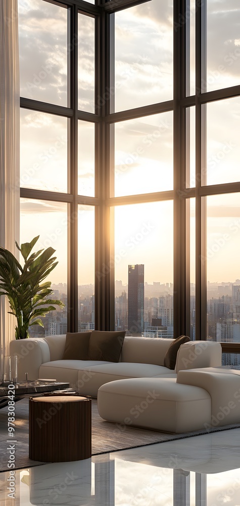 Fototapeta premium 39. **A chic contemporary apartment with large windows, modern furniture, and a city skyline view.