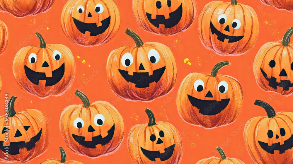 Obraz premium Seamless Pattern of Smiling Jack-O'-Lantern Pumpkins on Orange Background for Halloween Decorations and Festive Designs