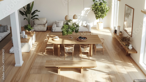Bright and airy spaces with light wood furniture, neutral tones, and simple, functional decor, focusing on clean lines and natural light. Scandinavian Minimalism interior design concept 
