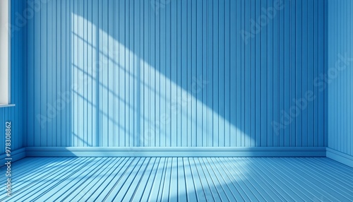 Blue Wooden Room Corner with Sunlight Shining Through Window