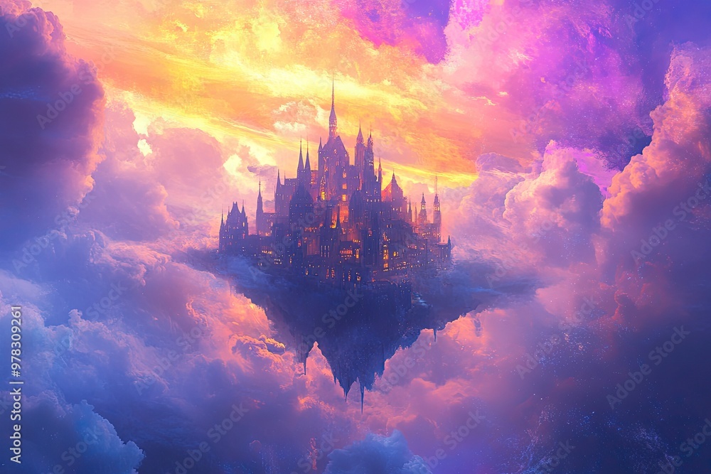 Enchanted Floating Castle Amidst Vibrant Sunset Clouds in a Fantasy Dreamscape Enchanted Floating Castle Amidst Vibrant Sunset Clouds in a Fantasy Dreamscape