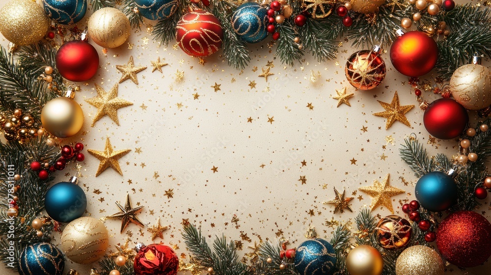 Festive arrangement of Christmas ornaments and decorations. Festive arrangement of Christmas ornaments and decorations.