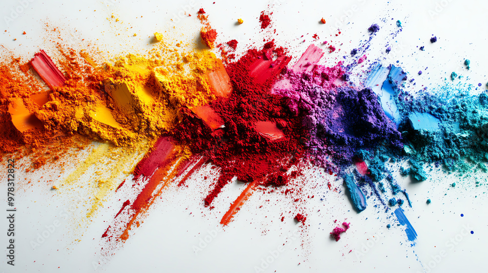 A vibrant rainbow of colorful powder pigments explodes across a white background. A vibrant rainbow of colorful powder pigments explodes across a white background.