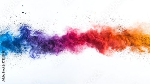 A vibrant rainbow of colored powder explodes against a white background. photo