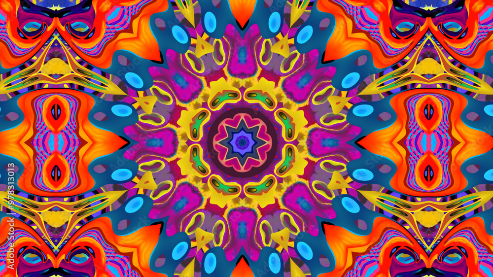 Fototapeta premium Abstract colorful psychedelic kaleidoscope background pattern for New Year music festival