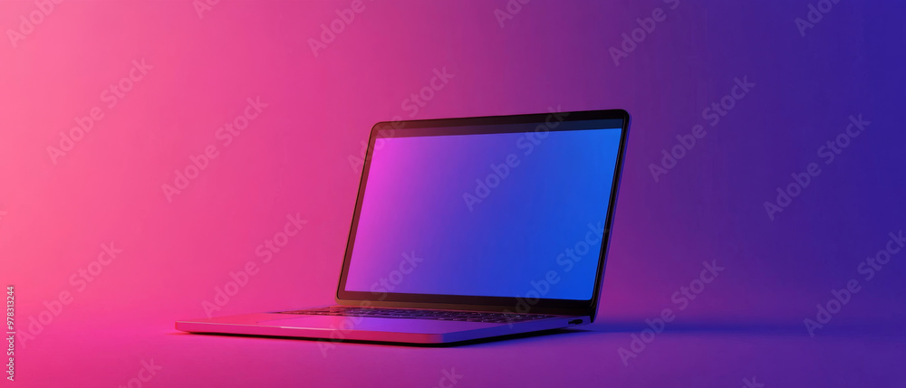 A sleek laptop with vibrant gradient background, showcasing modern design and an empty screen, perfect for illustrating technology and innovation A sleek laptop with vibrant gradient background, showcasing modern design and an empty screen, perfect for illustrating technology and innovation