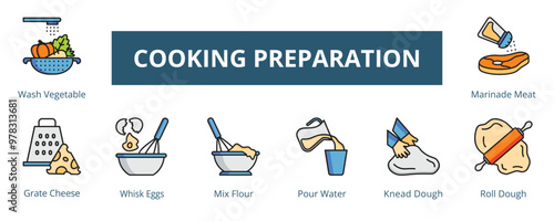 Cooking Preparation Lineal Color Banner Web Icon Set Vector Illustration, Wash Vegetable Grate Cheese Whisk Egg Mix Flour Pour Water Knead Dough Roll Dough Marinade Meat