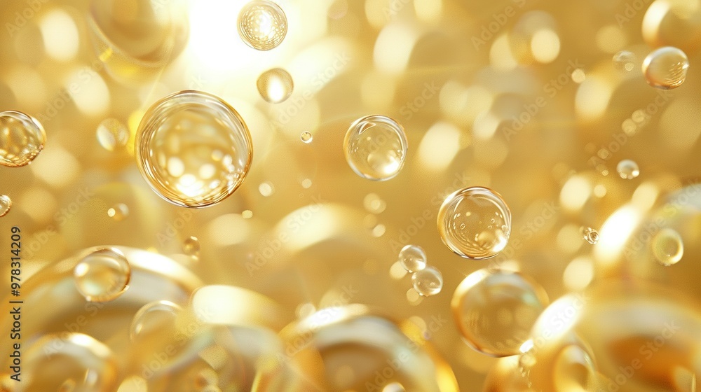 Golden Bubbles Floating in a Liquid, Light Reflecting Golden Bubbles Floating in a Liquid, Light Reflecting