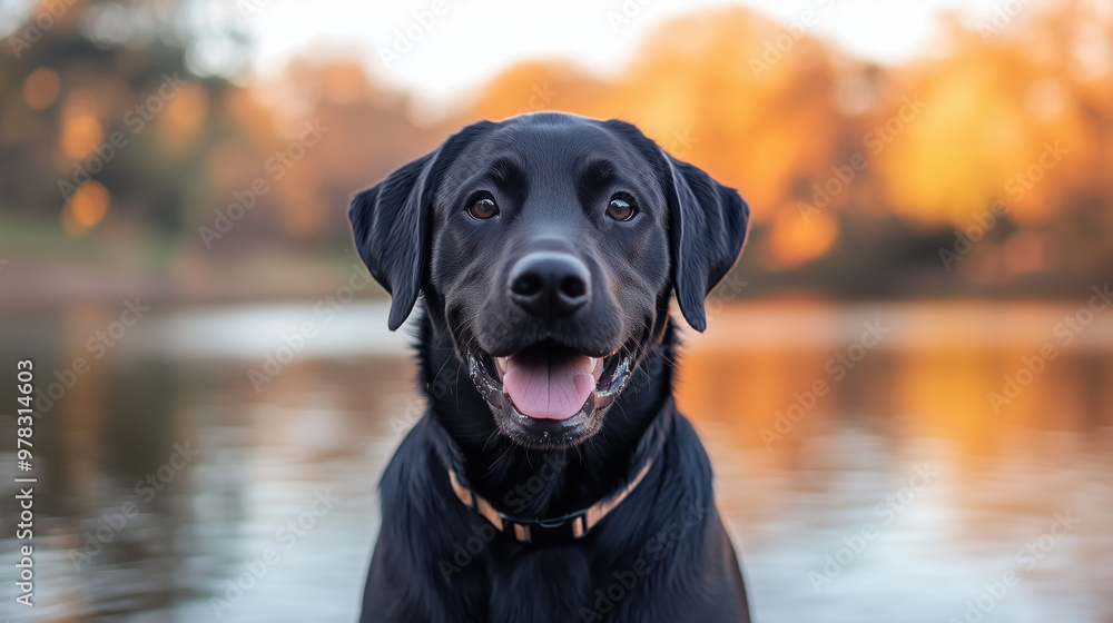 Happy Black Labrador retriever in park, enjoying serene water view Happy Black Labrador retriever in park, enjoying serene water view