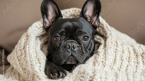 Cozy Black French Bulldog wrapped in soft blanket, looking content