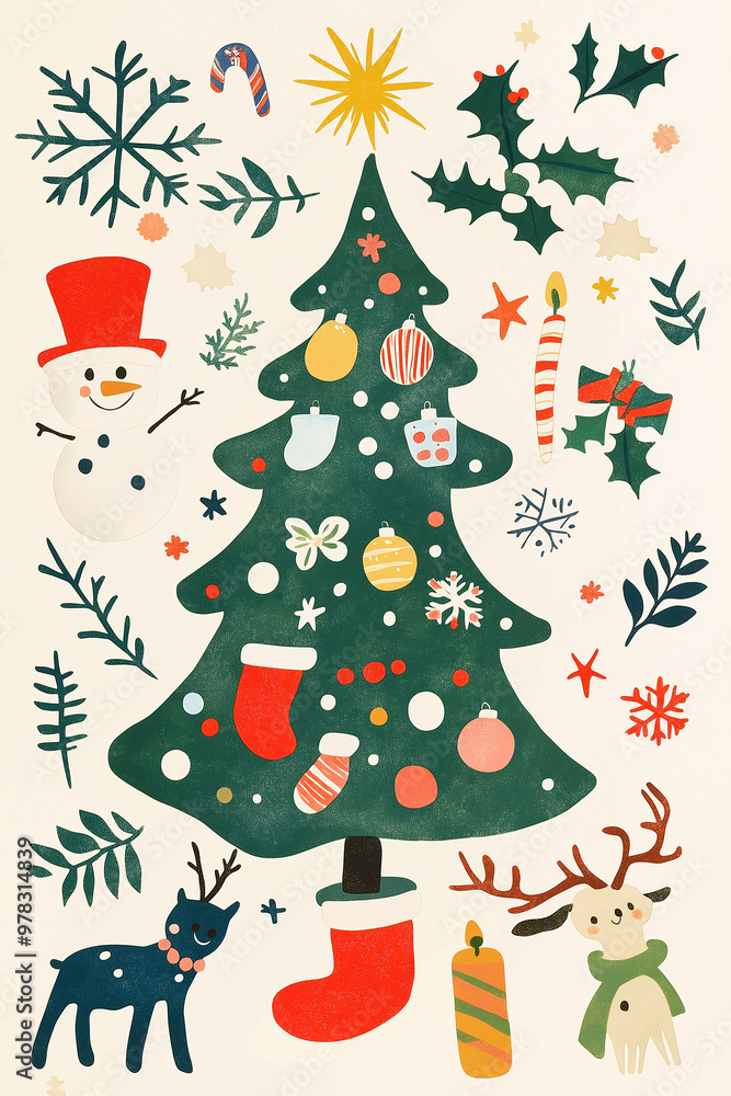 눈 내리는 겨울 성탄절 축하 카드 일러스트레이션