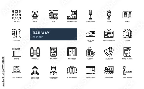 railway train rail public transportation outline line icon set