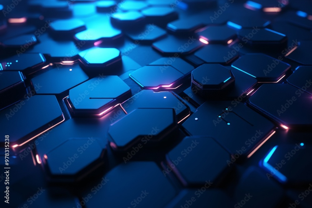 Fototapeta premium Abstract dark blue background with glowing hexagons