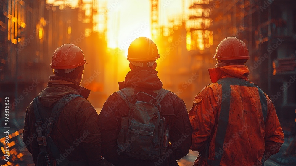Workers in Safety Helmets Collaborate on Construction Plans Under a Bright Background Workers in Safety Helmets Collaborate on Construction Plans Under a Bright Background