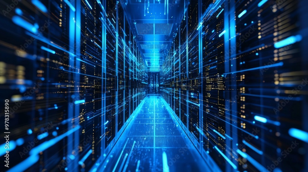 Futuristic data server room with blue light beams Futuristic data server room with blue light beams