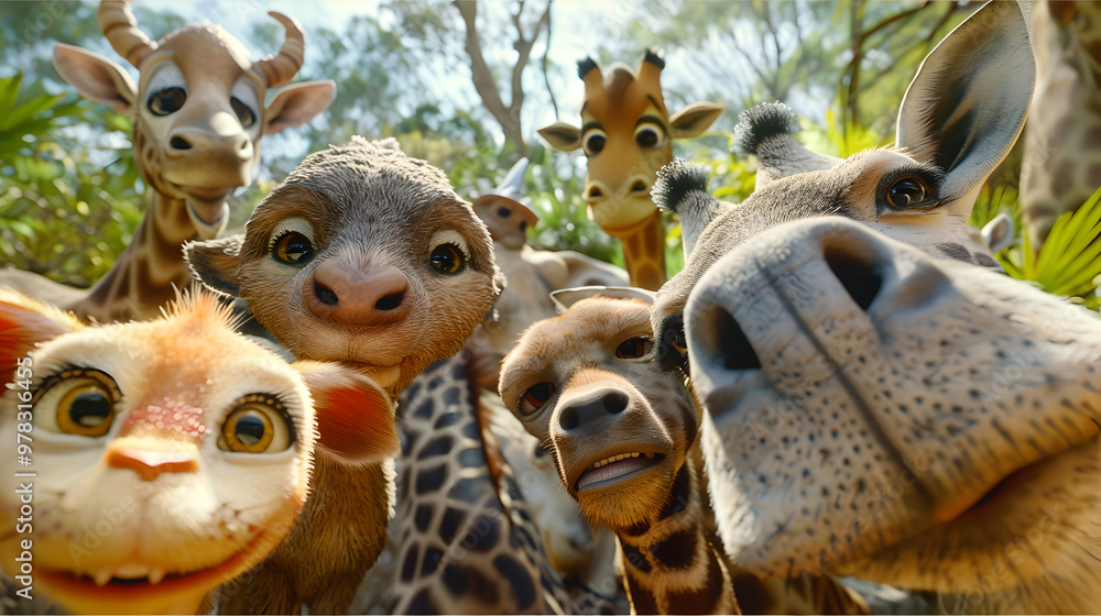 Obraz premium An adorable 3D close-up of cute animals smiling straight at the camera, capturing their playful expressions against a vibrant safari background.