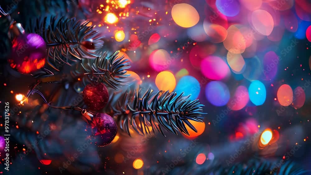 Close-up of a Christmas tree branch adorned with colorful lights and ornaments, capturing the festive holiday spirit. Close-up of a Christmas tree branch adorned with colorful lights and ornaments, capturing the festive holiday spirit.
