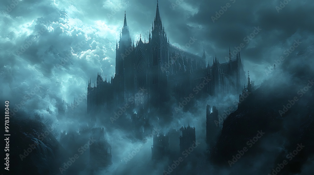 Gothic cathedral with dark, ominous clouds and fog Gothic cathedral with dark, ominous clouds and fog