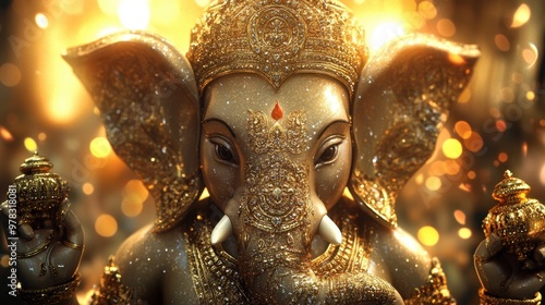 Luxurious digital Ganesha shining with intricate virtual gold and diamond patterns in a world of divine light. photo