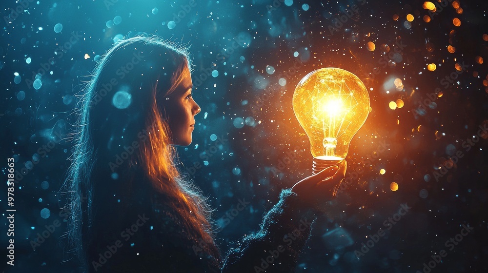 Woman holding illuminated light bulb in dark bokeh background Woman holding illuminated light bulb in dark bokeh background