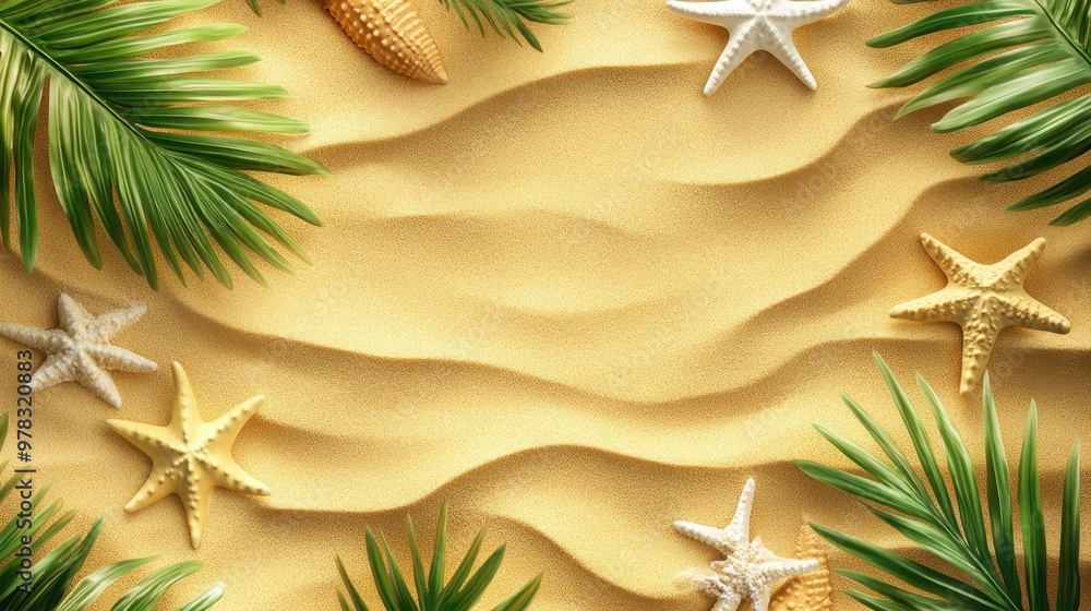 Golden beach sand with scattered starfish and tropical leaves, offering a bright and inviting summer backdrop. Golden beach sand with scattered starfish and tropical leaves, offering a bright and inviting summer backdrop.