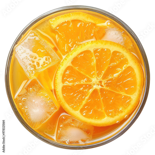 Glass of cold orange juice with ice and bubble top view isolated on transparent white background, clipping path