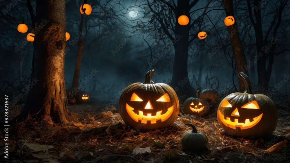 Halloween pumpkins in the forest at night. Halloween concept. Halloween pumpkins in the forest at night. Halloween concept.
