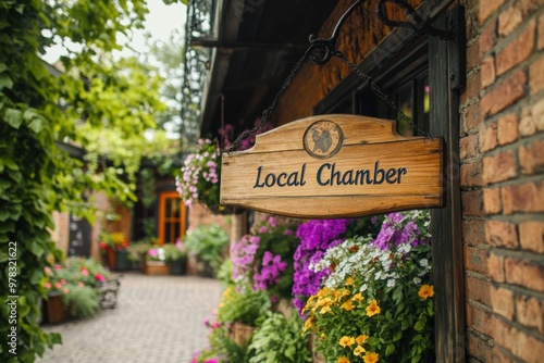 A rustic wooden signboard hanging outside a charming brick building, engraved with 