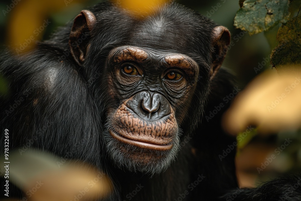 A close-up portrait of a chimpanzee, with expressive eyes and detailed fur textures, sitting peacefully in a forest, with soft lighting highlighting its features A close-up portrait of a chimpanzee, with expressive eyes and detailed fur textures, sitting peacefully in a forest, with soft lighting highlighting its features