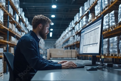 Warehouse Manager Analyzing Inventory Data on Computer photo