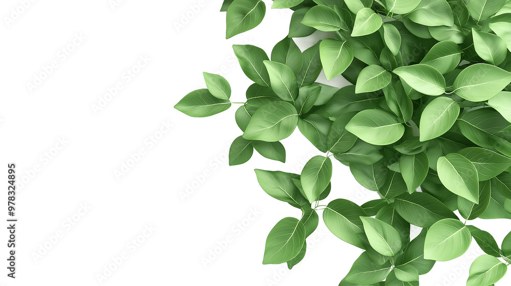 Obraz premium A close up of green leaves with a white background. The leaves are arranged in a way that creates a sense of depth and movement. The image conveys a feeling of growth and vitality