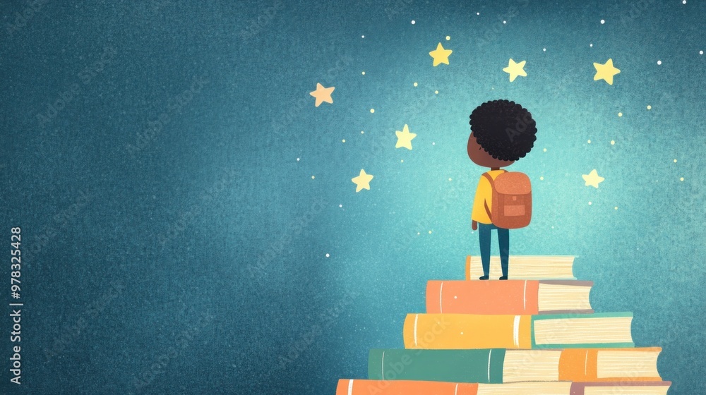 Afro boy climbing book stairs, representing pursuit of education and ambition. Afro boy climbing book stairs, representing pursuit of education and ambition.
