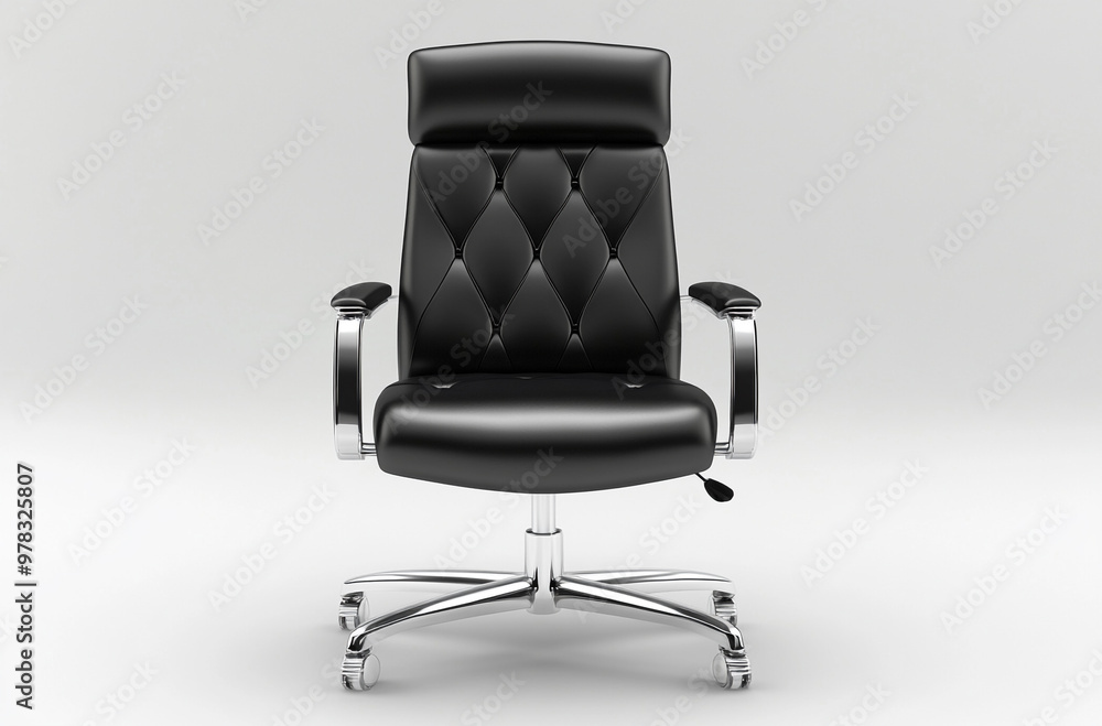 Fototapeta premium front view of the office chair has leather seat and backrest with chrome accents on the arm rest 