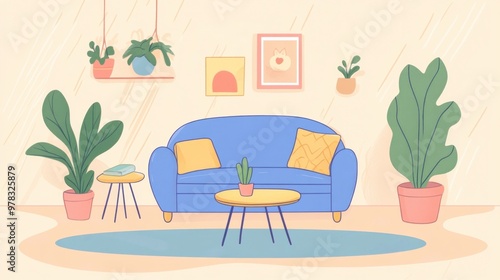 Wallpaper Mural Living room cartoon illustration with a soft sofa and coffee table, colorful background. Torontodigital.ca