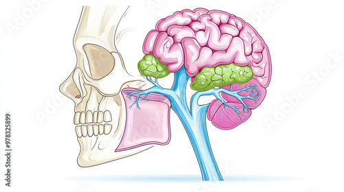 Human Brain Anatomy Illustration with Skull and Veins
