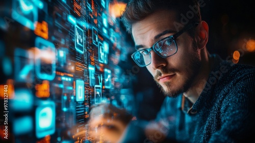 Programmer analyzing data with digital interface