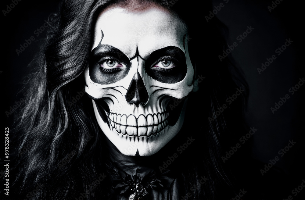 A young woman with a face painted like a skull. The feast of the Day of the Dead Dia de los Muertos A young woman with a face painted like a skull. The feast of the Day of the Dead Dia de los Muertos