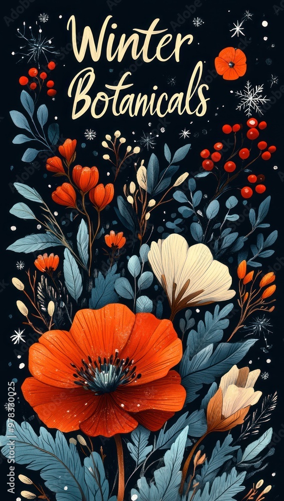 Winter Botanicals Illustration with Red Flowers, Blue Leaves, and Snowflakes Winter Botanicals Illustration with Red Flowers, Blue Leaves, and Snowflakes